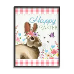 Stupell Industries Happy Easter Floral Gingham Rabbit Framed Giclee Art Black