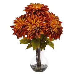 17" Orange Dahlia Silk Arrangement with Glass Vase