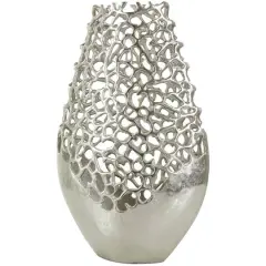 21" Silver Aluminum Metal Rounded Vase with Freeform Open Lattice Work