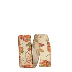 JAM Paper 1.5" x 20yd. Faux Linen Wired Glitter Leaves Ribbon