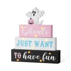 Glitzhome&reg; 11.75"H Halloween Lighted Pink Wooden Ghost Block Word Sign