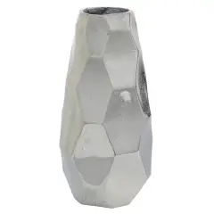 Contemporary Geometric-Style Metallic Silver Aluminum Vase, 12" x 5.7" x 5.4"