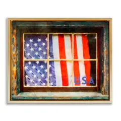 Stupell Industries Patriotic American Flag Rustic Window Festive Home Floater Framed Art Gold