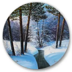 Designart - Christmas Forest With River and Trees III - Traditional Metal Circle Wall Art