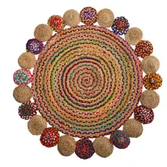 4ft. x 4ft. Hand Braided Colorful Chindi Jute Mandala Round Rug