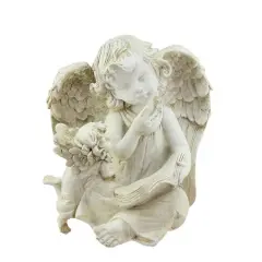 8.5" Heavenly Gardens Distressed Ivory Sitting Angel with Book & Friend Outdoor Garden Statue