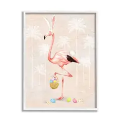 Stupell Industries Easter Flamingo Pink Bird Egg Hunt Basket Framed Giclee Art White