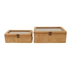 Brown Woven Rattan Box with Glass Top Set