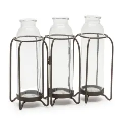 9.25" Triple Glass Bottle Vases in Iron Stand