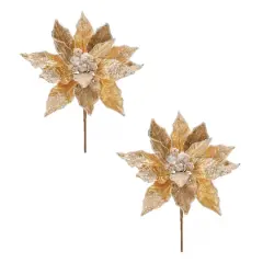 28" Beaded Velvet Poinsettia Flower Stems, 2ct. Gold