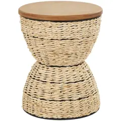 19" Rattan Woven Stool with Wood Tabletop and Black Frame Light Brown