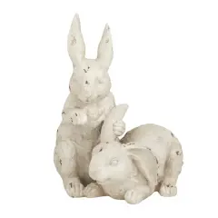 White Farmhouse Rabbits Garden Sculpture, 8" x 9" x 11"