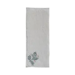 Hello Honey&reg; 72" Natural, Green & Red Woven Cotton & Linen Table Runner with Hand-Embroidered Holly & French Knots