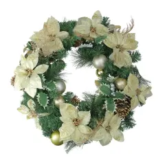 24" Pre-Decorated Gold Poinsettia & Ball Artificial Wreath