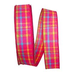 Reliant 1.5" x 50yd. Breezeway Plaid Wired Ribbon Fuchsia