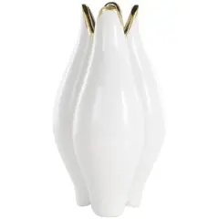 White Ceramic Dimensional Tulip Shaped Vase with Metallic Gold Rim