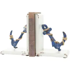 8" Blue Wood Anchor Distressed Bookends with Rope Accents & White Wood Stands Set