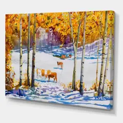 Designart - Cattle In The Early Snow In The Forest - Farmhouse Canvas Wall Art Print