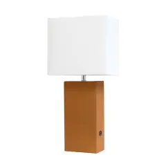 Lalia Home Lexington 21" Leather Table Lamp with USB Charging Port Tan
