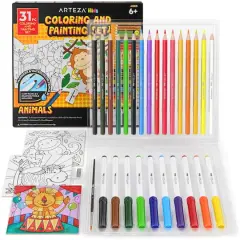 Arteza&reg; Kids Canvas Paint Kit, 3 canvas 4x4 in, Watercolor pencils and markers, Safari