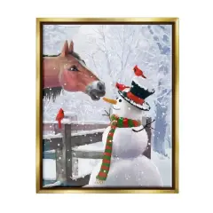 Stupell Industries Horse Eating Snowman Carrot Scene Framed Floater Canvas Wall Art Gold