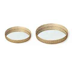 Glitzhome&reg; Gold Round Metal Mirrored Decorative Trays Set