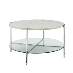 Faux White Marble, Glass & Chrome Modern Round Coffee Table 