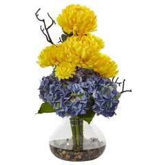 19" Blue & Yellow Hydrangea & Mum in Glass Vase
