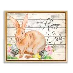 Stupell Industries Spring Floral Happy Easter Bunny Floater Framed Art Gold