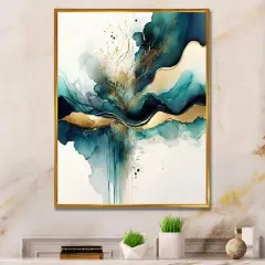 Designart 'Teal And Gold Abstract Expression III' Modern Framed Canvas Wall Art Thin Gold