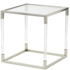 20.25" Silver Metal Floral Cube Shaped Accent Table with Clear Glass Top
