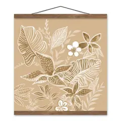Neutral Tropical Flowers Teak Hanging Canvas