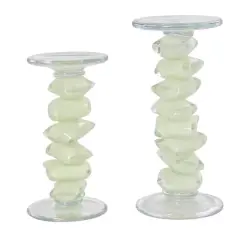 Green Glass Stacked Stone Candle Holder Set