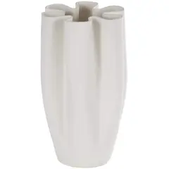 White Ceramic Abstract Ribbed Dimensional Folded Vase with Floral Shaped Rim