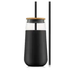 JoyJolt&reg; 20oz. Glass Tumbler with Straws & Silicone Sleeve Black