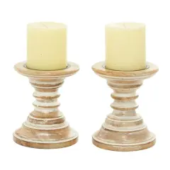 6'' Light Brown Mango Wood Traditional Candle Holder, 2ct.