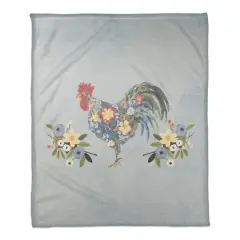 50" x 60" Blue Floral Rooster Collage Coral Fleece Blanket
