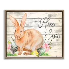 Stupell Industries Spring Floral Happy Easter Bunny Floater Framed Art Brown