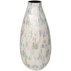 19" White Mother of Pearl Handmade Mosaic Inspired Vase with Pastel Blue & Pink Accents