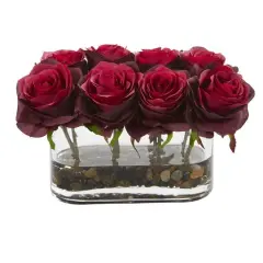 5.5" Burgundy Blooming Roses Arrangement in Glass Vase