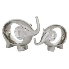 7" Silver Porcelain Elephant Sculpture Set