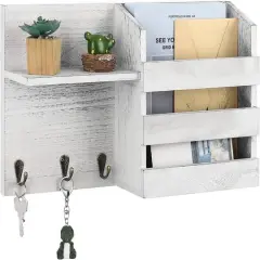 NEX&trade; Whitewash Vintage Wood Mail Shelf with 3 Key Hooks