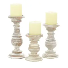 Mango Wood Traditional Candle Holder Set Cream