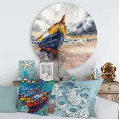 Designart - Wooden Boat On The Baltic Shores - Nautical & Coastal Metal Circle Wall Art