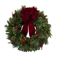 Haute Decor 30" Pre-Lit Berry & Pinecone Classic Christmas Wreath, Warm White LED Lights