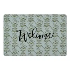 Welcome Floral Crest Floor Mat Green