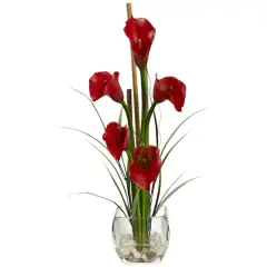 18" Red Calla Lily In Square Glass Vase