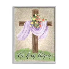 Stupell Industries He Has Risen Spring Floral Cross Brown Damask Pattern Framed Giclee Art Gray