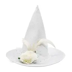 White Witch Hat with Feather & Flower by Celebrate It&trade;