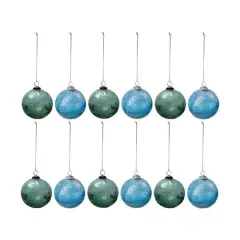 Hello Honey&reg; 12 Pack 3" Blue & Green Etched Leaves Ball Glass Ornaments